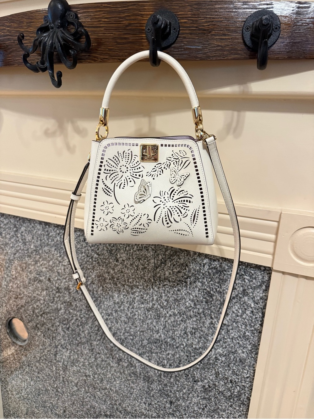 White Laser-Cut Floral Top-Handle Shoulder Bag